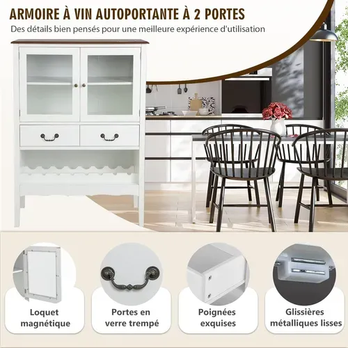 Buffet De Cuisine à 2 Portes Vitrées Avec 2 Tiroirs Porte-bouteilles