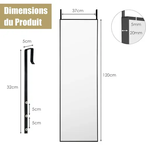 Miroir 120 X 37 Cm Au-dessus De La Porte, Miroir Pleine Longueur Cadre En Alliage D'aluminium (noir)