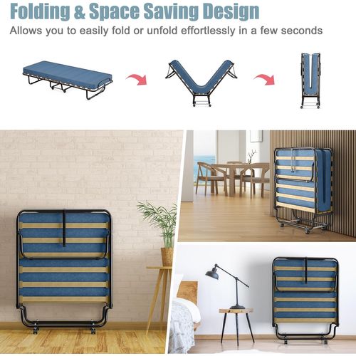 Lit Pliant Sur Roulettes, 80 X 190 Cm, Lit D'appoint Avec Matelas En Mousse 6,5 Cm Bleu