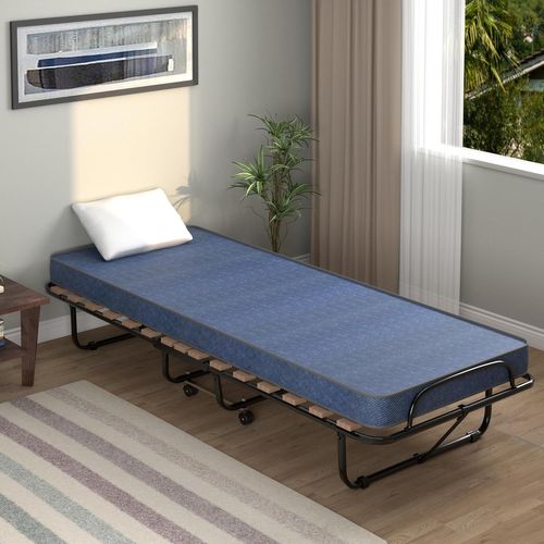 Lit Pliant Sur Roulettes, 80 X 190 Cm, Lit D'appoint Avec Matelas En Mousse 6,5 Cm Bleu