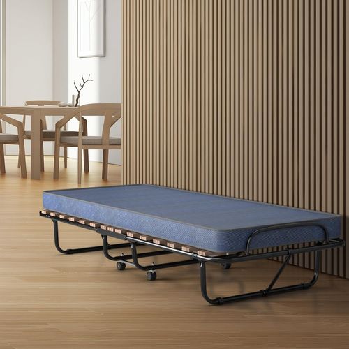 Lit Pliant Sur Roulettes, 80 X 190 Cm, Lit D'appoint Avec Matelas En Mousse 6,5 Cm Bleu