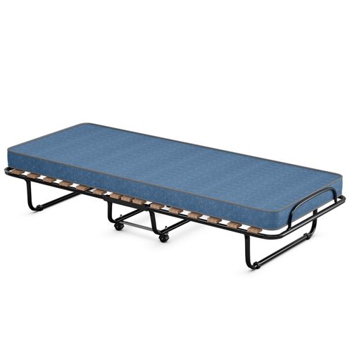 Lit Pliant Sur Roulettes, 80 X 190 Cm, Lit D'appoint Avec Matelas En Mousse 6,5 Cm Bleu