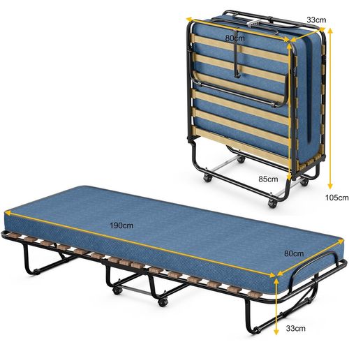 Lit Pliant Sur Roulettes, 80 X 190 Cm, Lit D'appoint Avec Matelas En Mousse 6,5 Cm Bleu