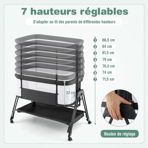 Lit Cododo Berceau Bébé Avec Matelas, 4 Roues Verrouillables, 7 Hauteurs Réglables, 9kg