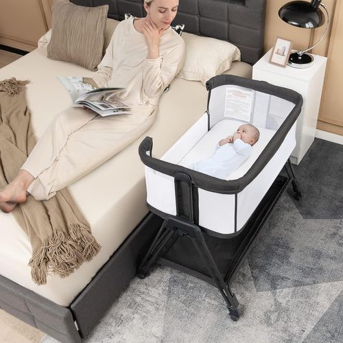 Lit Cododo Berceau Bébé Avec Matelas, 4 Roues Verrouillables, 7 Hauteurs Réglables, 9kg