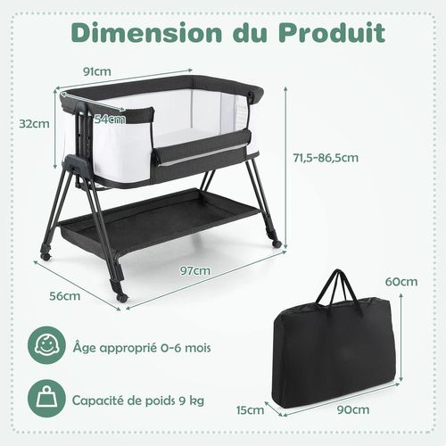 Lit Cododo Berceau Bébé Avec Matelas, 4 Roues Verrouillables, 7 Hauteurs Réglables, 9kg