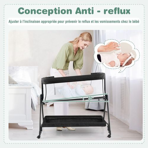 Lit Cododo Berceau Bébé Avec Matelas, 4 Roues Verrouillables, 7 Hauteurs Réglables, 9kg