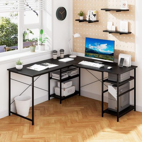 Bureau D'angle - 151 X 151 X 75 Cm - Ajustable à Bureau Droit,4 Etagère De Rangement Noir