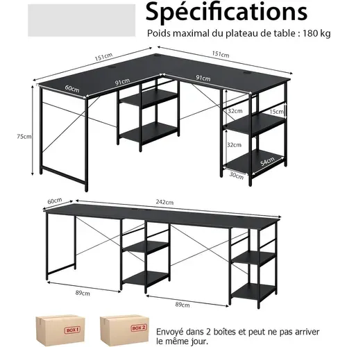 Bureau D'angle - 151 X 151 X 75 Cm - Ajustable à Bureau Droit,4 Etagère De Rangement Noir