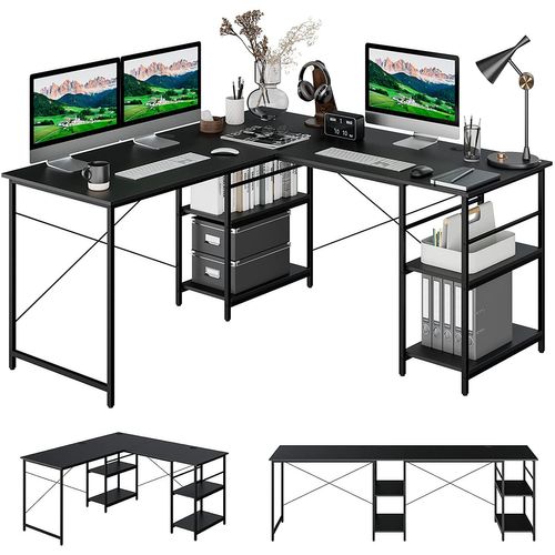 Bureau D'angle - 151 X 151 X 75 Cm - Ajustable à Bureau Droit,4 Etagère De Rangement Noir