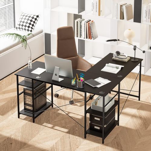 Bureau D'angle - 151 X 151 X 75 Cm - Ajustable à Bureau Droit,4 Etagère De Rangement Noir