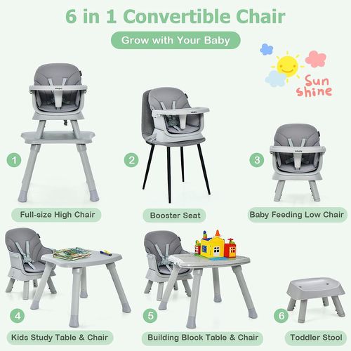 Chaise Haute Bébé Evolutive 6 En 1 Avec Plateau, Harnais à 5 Points,charge 25kg,6-36 Mois Gris