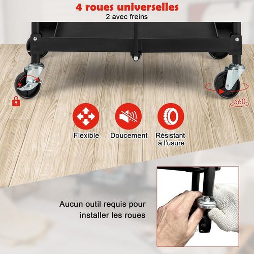 COSTWAY Chariot Atelier 3 Niveaux Aluminium – Charge 225 Kg, Roues Verrouillables, Poignées Doubles, Garage Entrepôt
