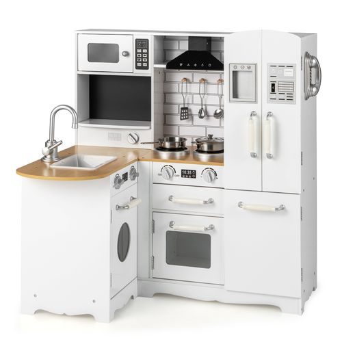 Cuisine D'Angle COSTWAY En Bois – Avec Réfrigérateur, Machine à Laver, Téléphone, Ustensiles – Jouet D'Imitation Pour Enfants 3 Ans