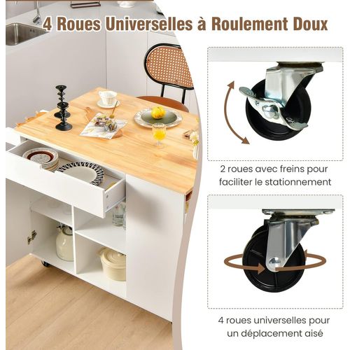 COSTWAY Ilot Central Cuisine Plateau en Bois d'Hévéa Pliable, Desserte