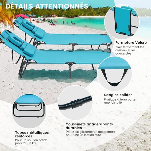 Lit De Camp Pliant NYXIFYLO - Chaise Longue 4 Positions Avec Coussin - Support 200 Kg - Pour Jardin, Piscine, Bureau