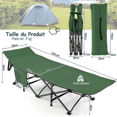 Lit De Camping Pliant 1 Personne Portable En Tissu Oxford Charge 272kg, 190 X 60 X 54 Cm