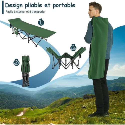 Lit De Camping Pliant 1 Personne Portable En Tissu Oxford Charge 272kg, 190 X 60 X 54 Cm