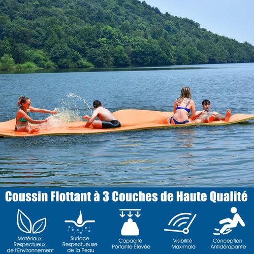 Tapis Flottant De Piscine 355 X 183 Cm, Matelas Flottant D’eau 4-6 Personnes Charge 400 Kg, Orange
