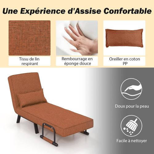 Costway Fauteuil Convertible 1 Place Fauteuil-Lit Chauffeuse 4en1 Dossier Réglable 6 Position Oreiller Siège Rembourré Accoudoirs Cadre Métal Canapé- Lit Pliant pour Maison Bureau grisclair 79x65x79cm