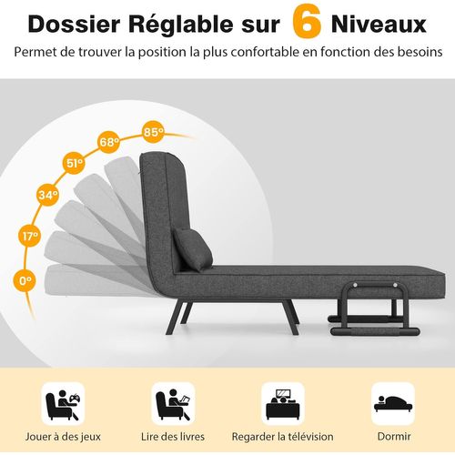Fauteuil Convertible à Lit 1 Place, Dossier Réglable En 6 Positions Avec Oreiller Gris Foncé