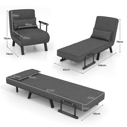 Fauteuil Convertible à Lit 1 Place, Dossier Réglable En 6 Positions Avec Oreiller Gris Foncé