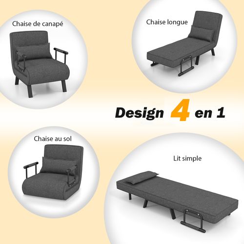 Fauteuil Convertible à Lit 1 Place, Dossier Réglable En 6 Positions Avec Oreiller Gris Foncé