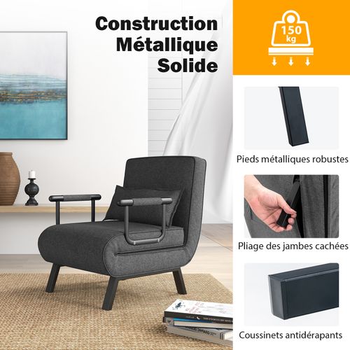 Fauteuil Convertible à Lit 1 Place, Dossier Réglable En 6 Positions Avec Oreiller Gris Foncé