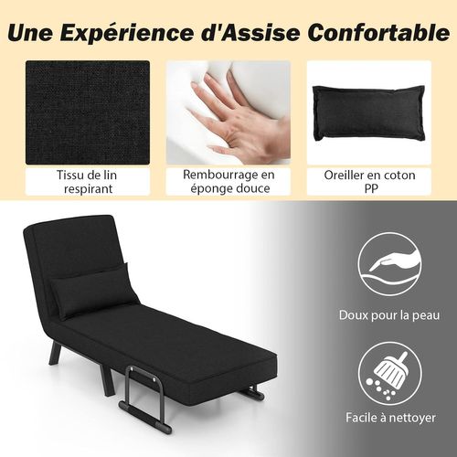 Fauteuil Convertible à Lit 1 Place,dossier Réglable En 6 Positions Avec Oreiller Noir
