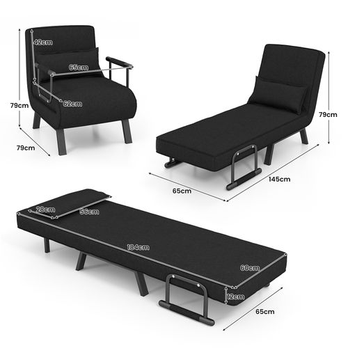 Fauteuil Convertible à Lit 1 Place,dossier Réglable En 6 Positions Avec Oreiller Noir