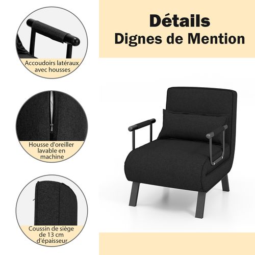 Fauteuil Convertible à Lit 1 Place,dossier Réglable En 6 Positions Avec Oreiller Noir