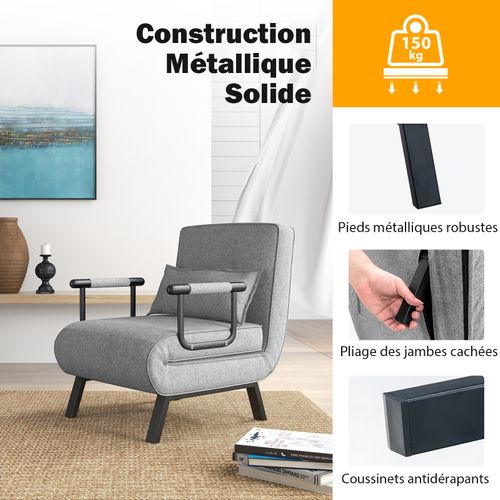 Fauteuil Convertible à Lit 1 Place, Fauteuil De Salon 4-en-1, Dossier Réglable Gris Clair