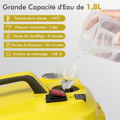 Balai Vapeur Polyvalent De 2000w Avec 13accessoires Et Manomètres, Réservoir De 1,8l, Jaune