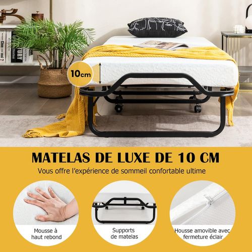 Lit Pliant 1 Personne Adulte 199x78cm Avec Matelas En Mousse Et Cadre En Métal, Lit D’apoint Pliable