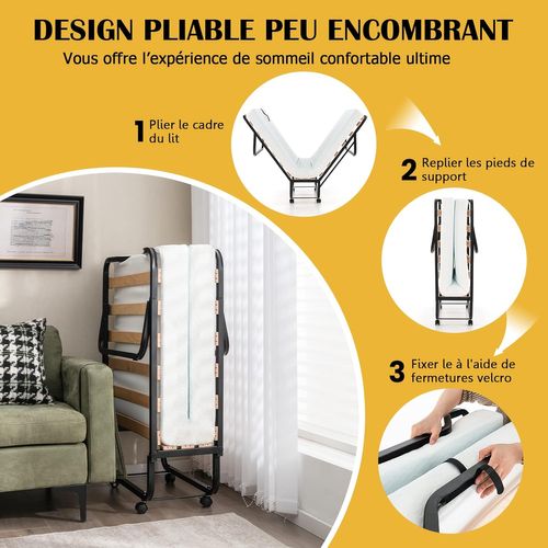 Lit Pliant 1 Personne Adulte 199x78cm Avec Matelas En Mousse Et Cadre En Métal, Lit D’apoint Pliable