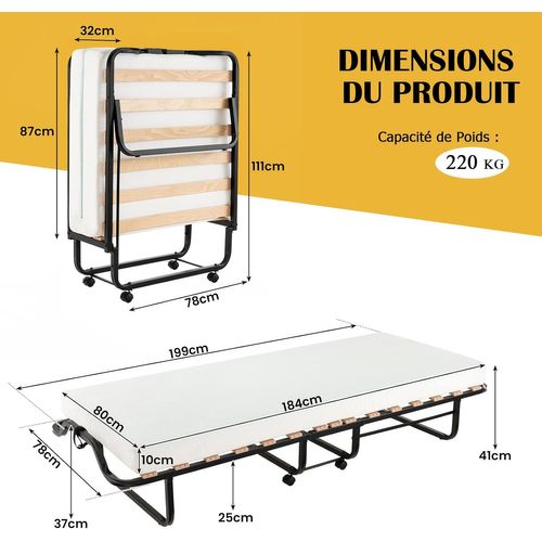 Lit Pliant 1 Personne Adulte 199x78cm Avec Matelas En Mousse Et Cadre En Métal, Lit D’apoint Pliable