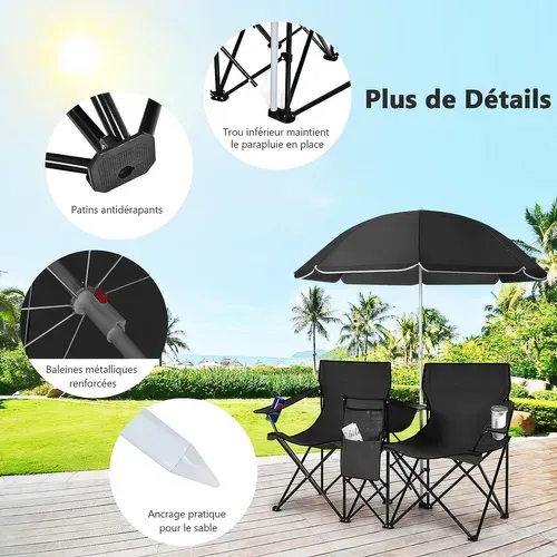 Chaise De Camping Pliante, Fauteuil De Jardin 2 Places,152x52x85cm, Charge Max 113 Kg (noir)