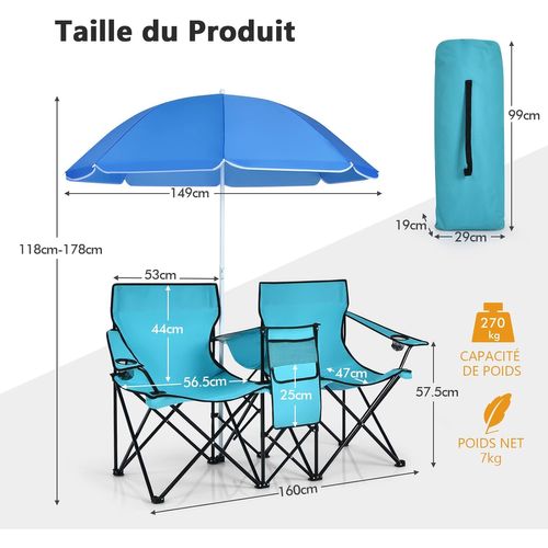 Chaise De Camping Pliante, Fauteuil De Jardin 2 Places 152x52x85cm, Charge Max 113 Kg