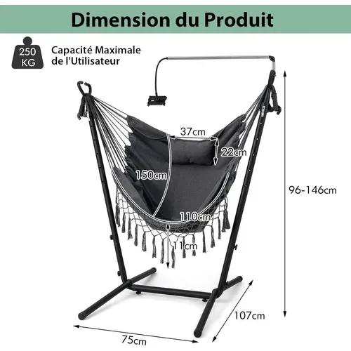 Hamac Sur Pied Avec Support 6 Hauteurs 96-146 Cm, Charge 250kg Avec Oreiller Poche Latérale Gris