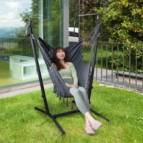 Hamac Sur Pied Avec Support 6 Hauteurs 96-146 Cm, Charge 250kg Avec Oreiller Poche Latérale Gris