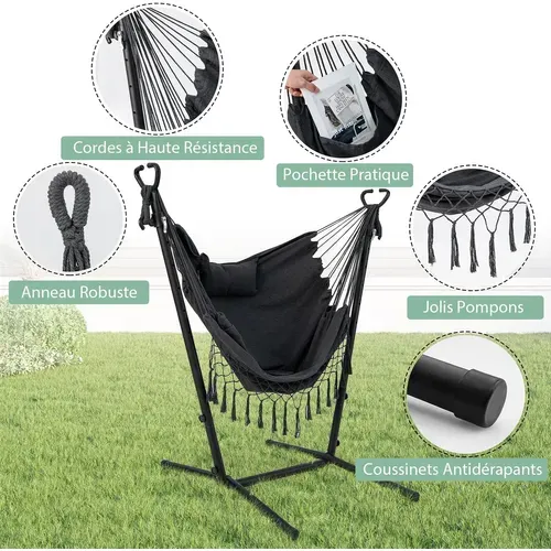 Hamac Sur Pied Avec Support 6 Hauteurs 96-146 Cm, Charge 250kg Avec Oreiller Poche Latérale Gris