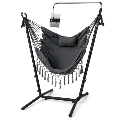 Hamac Sur Pied Avec Support 6 Hauteurs 96-146 Cm, Charge 250kg Avec Oreiller Poche Latérale Gris