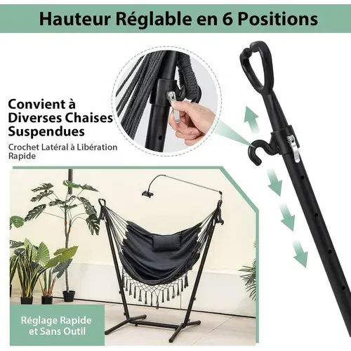 Hamac Sur Pied Avec Support 6 Hauteurs 96-146 Cm, Charge 250kg Avec Oreiller Poche Latérale Gris