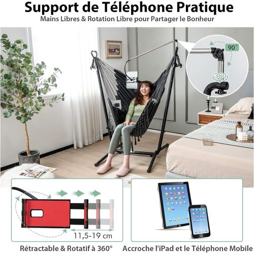 Hamac Sur Pied Avec Support 6 Hauteurs 96-146 Cm, Charge 250kg Avec Oreiller Poche Latérale Gris