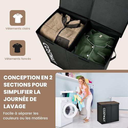 Panier à Linge 2 Compartiments, Corbeille à Linge 118l,62 X 31 X 60 Cm, Noir