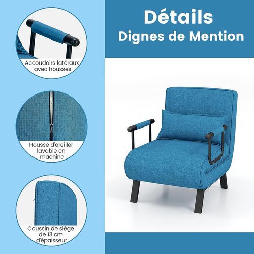 Fauteuil Convertible à Lit 1 Place, Fauteuil De Salon 4-en-1, Dossier Réglable En 6 Positions Avec