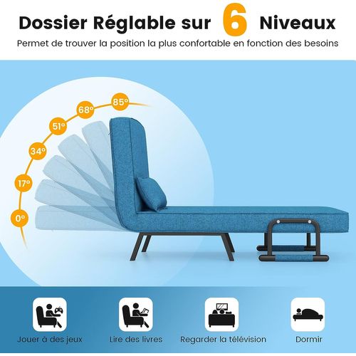 Fauteuil Convertible à Lit 1 Place, Fauteuil De Salon 4-en-1, Dossier Réglable En 6 Positions Avec