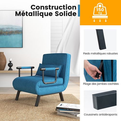 Fauteuil Convertible à Lit 1 Place, Fauteuil De Salon 4-en-1, Dossier Réglable En 6 Positions Avec