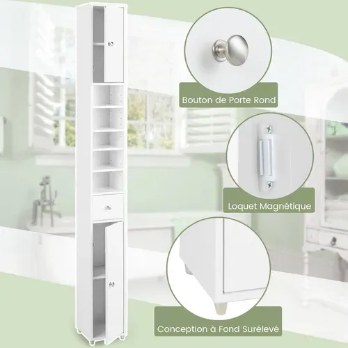 Meuble De Rangement Salle De Bain, Meuble Colonne ,  20 X 20 X 180 Cm, Blanc