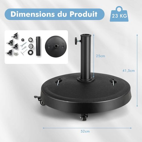 Pied De Parasol Sur Roulettes Φ52cm, Socle Parasol Extérieur En Résine Avec 2 Poignées Rétractables